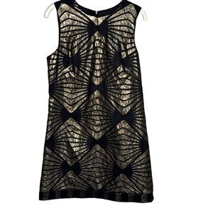 ABS Allen Schwartz Dress Size 8 Black Gold Art Deco Bow Mini Party NEW